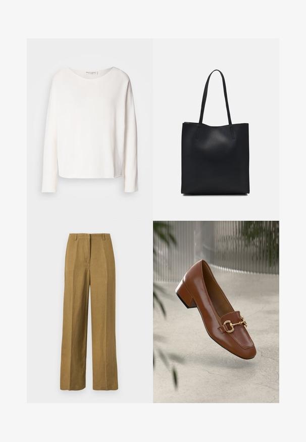 Dugih rukava, majica s okruglim izrezom od mekog, laganog bijelog materijala s opuštenim krojem. Ima čistu obrub i bez vidljivih dodataka.; Kaki široke hlače izrađene od lagane tkanine, s glatkom teksturom, prednjim nabranjcima i klasičnim dizajnom struka.; Smeđi lakirani loafer s kvadratnim vrhom, metalnim lancem kao naglaskom i niskom blok petom; glatka tekstura, minimalistički dizajn.; Crna kožna torba za nošenje s glatkom teksturom, pravokutnim oblikom i dvije duge ručke. Nema vidljivih metalnih dijelova ili ukrasa.