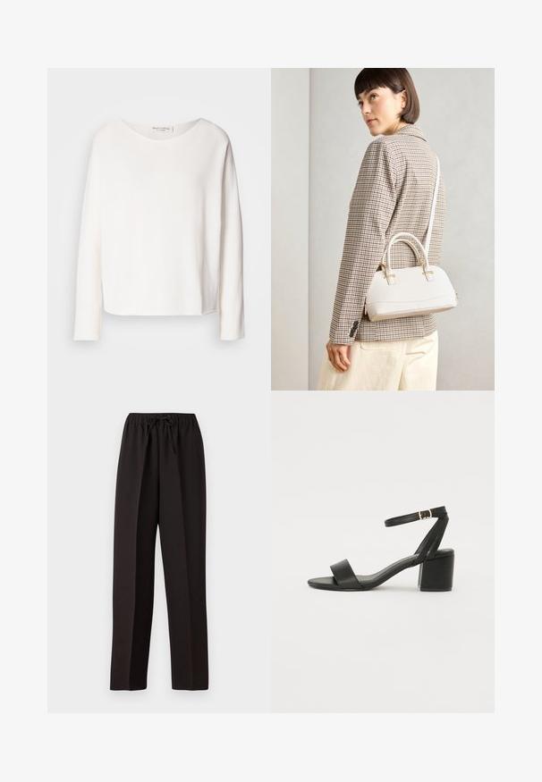 Hosszú ujjú, kerek nyakú felső puha, könnyű fehér anyagból, laza szabással. Tiszta szegéllyel és látható fémrész nélkül készült.; Fekete, bő szárú nadrág elasztikus derékkal és állítható zsinórral. Simává, könnyű anyagból készült, melyen nincsenek látható minták.; Fekete magassarkú szandál sima bőr felső résszel, nyitott orral, széles elülső pántokkal és állítható bokapánttal, arany csat részlettel.; Fehér, strukturált kézitáska rövid füllel és vállpánttal, arany színű fém kiegészítőkkel és texturált anyagból, szürke háttér előtt bemutatva.