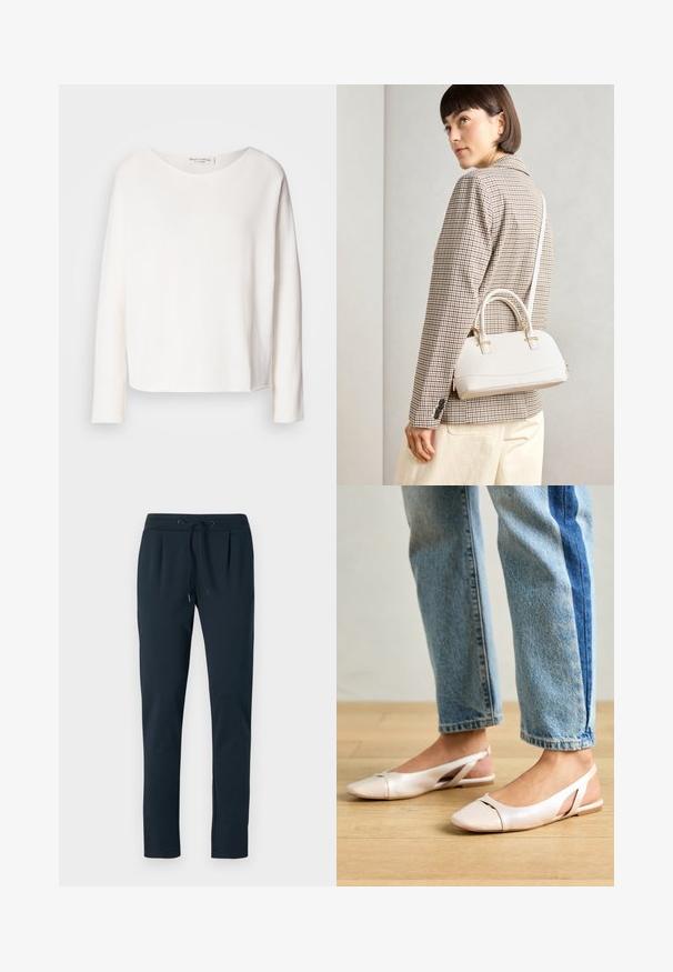 Langärmliges, rundhalsiges Oberteil aus weichem, leichtem weißen Stoff mit lockerer Passform. Verfügt über einen sauberen Saum und keine sichtbaren Beschläge.; Dunkelblaue Baumwoll-Jogginghosen mit einem Kordelzugbund, schmal zulaufenden Beinen und Falten an der Vorderseite. Weiche Textur und minimales Design.; Blassrosa Slingback-Ballerinas mit spitzem Punkt, aus einem glatten, lederähnlichen Material. Mit Ausschnitten an den Seiten und einem flachen Absatz.; Weiße strukturierte Handtasche mit kurzen Griffen und einem Schultergurt, ausgestattet mit goldfarbenen Hardware-Elementen und strukturiertem Material, vor einem grauen Hintergrund präsentiert.