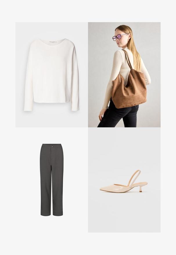 Top de manga longa, com decote redondo, em tecido branco leve e suave com um ajuste relaxado. Apresenta uma bainha limpa e sem hardware visível.; Calças de fato cinzentas com um design de perna reta, textura suave, fecho frontal com botão e barras com bainha para um visual elegante.; Saltos slingback em couro sintético bege com bico apontado e um salto quadrado fino. Textura suave e design minimalista sem embellishments.; Bolsa tote em camurça castanha com textura suave, grande abertura e alças longas. Apresenta um design simples com costuras visíveis e sem acessórios.