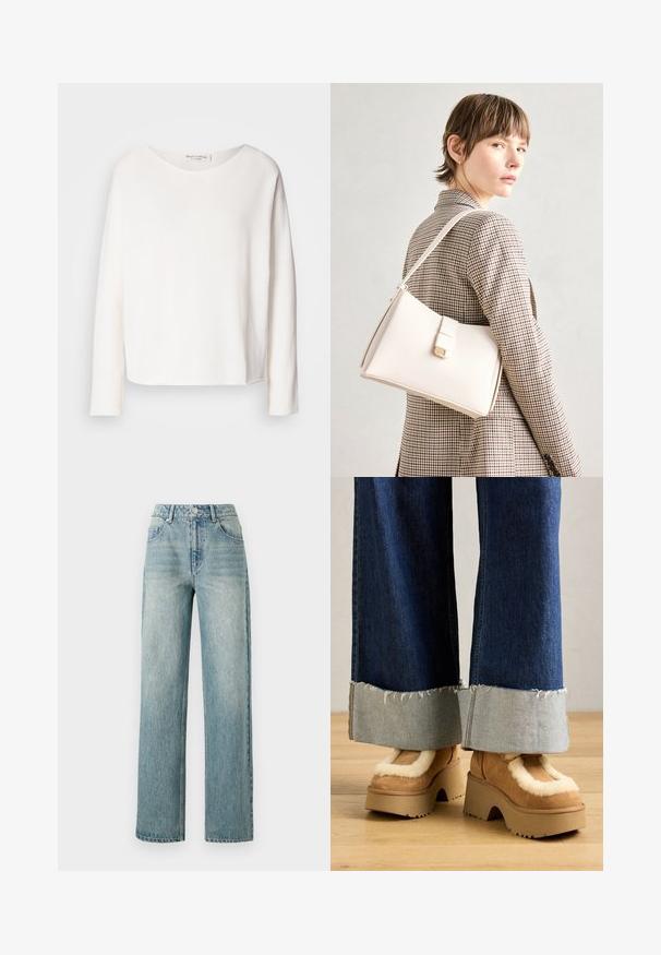 Langermet topp med rund hals i mykt, lett hvitt stoff med en avslappet passform. Har en ren nederkant og ingen synlig maskinvare.; Copenhagen Muse JEANNE PANTS - Jeans relaxed fit - medium dirty washed denim; Brune suedestøvler med platform og lyse pelsfor, parret med brede denimbukser med frynset kant og en lysere denimmanchett.; Hvit lær veske med en strukturert design, med magnetlås og skulderstropp, vist mot en nøytral bakgrunn.