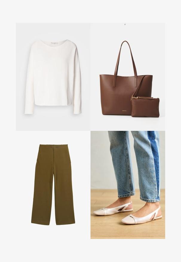 Långärmad topp med rund halsringning i mjukt, lättviktigt vitt tyg med avslappnad passform. Har en ren nederkant och ingen synlig hårdvara.; Vidbenade byxor i olivgrön tyg, med en slät textur och utan synliga stängningar. Designade för en avslappnad passform med rena linjer.; Ljust rosa slingback-lägenheter med spetsig tå, tillverkade av ett slätt läderliknande material. Har utskurna detaljer på sidorna och en platt häl.; Brun fusk läder tote-väska med två långa handtag och en matchande liten påse. Ytan har ett strukturerat mönster och guldiga detaljer.