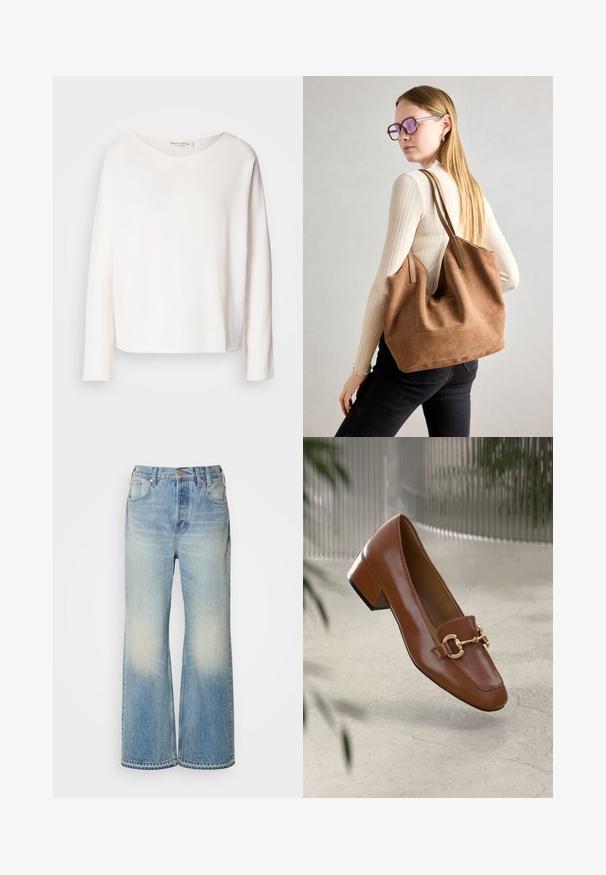 Pikend varrukatega, ümarate kaelustega tee, mis on valmistatud pehmest, kergekaalulisest valgest kangast ja millel on mugav lõige. Omab puhast äärt ja nähtavat riistvarata disaini.; Heledad sinine teksarihmaga laiad püksid, millel on pleekinud efekt, nupuga kinni pandud, vöödega ja viie taskuga disain.; Pruunist lakknahast loafer, millel on ruudukujuline varvas, metallist ahel kaunistus ja madal plokkkonts; sile tekstuur, minimalistlik disain.; Pruunist suedi kott pehme tekstuuriga, suure ava ja pikkade rihmadega. Omab lihtsat disaini nähtava õmblusega ja ilma metalldetailideta.