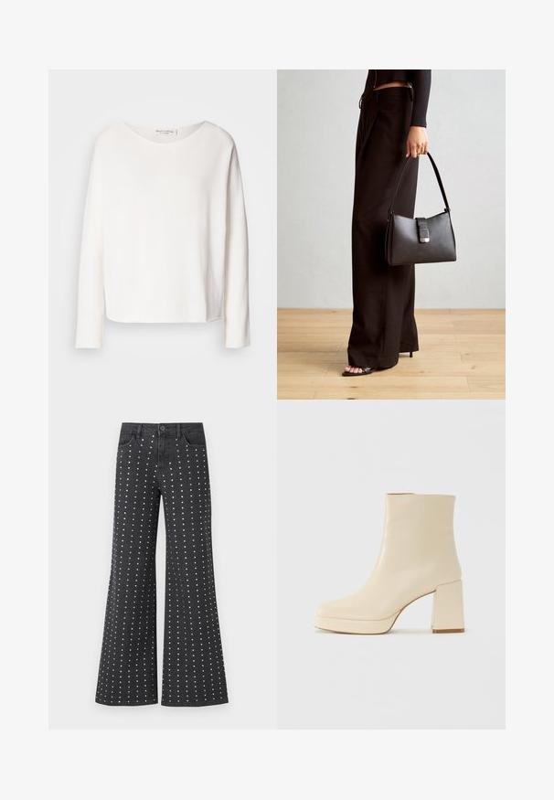 Hosszú ujjú, kerek nyakú felső puha, könnyű fehér anyagból, laza szabással. Tiszta szegéllyel és látható fémrész nélkül készült.; Fekete farmer flare farmernadrág kis ezüst szegecsekkel, függőlegesen elrendezve. Öt zseb és gombos zárás található rajta.; Beige bőr bokacsizma bársonyos felülettel, tömbsarokkal és platform talppal, enyhén szögletes orral, balra nézve, fehér háttér előtt.; Fekete kézi táska strukturált formával, sima textúrával és fémből készült záródással. Széles fekete nadrággal és nyitott orrú szandállal párosítva, fából készült padlón.