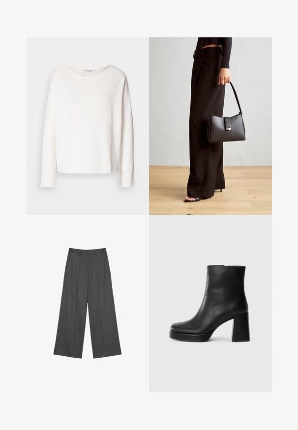 Langärmliges, rundhalsiges Oberteil aus weichem, leichtem weißen Stoff mit lockerer Passform. Verfügt über einen sauberen Saum und keine sichtbaren Beschläge.; Helle-Hosen aus dunkelgrauem Stoff mit vertikalen Nadelstreifen, flachem Bund und zwei Seitentaschen. Glatte Textur und taillierte Passform.; Schwarze Leder-Stiefelette mit Blockabsatz und Plattformsohle, seitlich auf einem schlichten weißen Hintergrund betrachtet.; Schwarze Handtasche mit strukturierter Form, glatter Textur und einem metallischen Verschluss. Kombiniert mit weiten schwarzen Hosen und offenen Sandalen auf einem Holzboden.