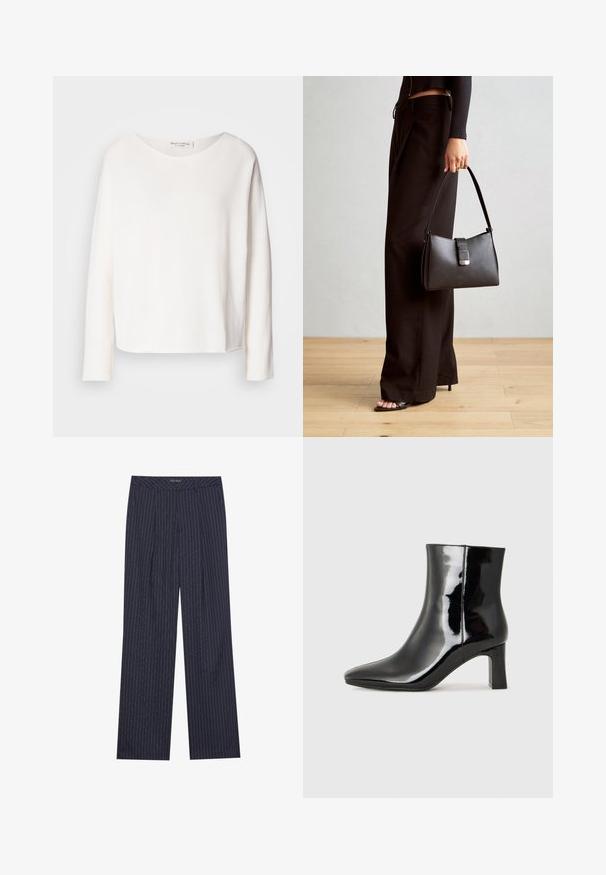Tricou cu mâneci lungi și gât rotunjit, din material alb moale și ușor, cu o croială lejeră. Prezintă un tiv curat și nu are elemente de prindere vizibile.; Pantaloni largi, de culoare bleumarin, cu dungi verticale albe, având un talie croită și pliseuri frontale pentru o ajustare structurată.; Botine negre din piele lacuită, cu vârful ascuțit și toc bloc de înălțime medie. Textură netedă și design minimalist.; Genți negre cu o formă structurată, textură netedă și un închizător metalic. Asortată cu pantaloni negri largi și sandale cu vârf deschis pe un podea din lemn.