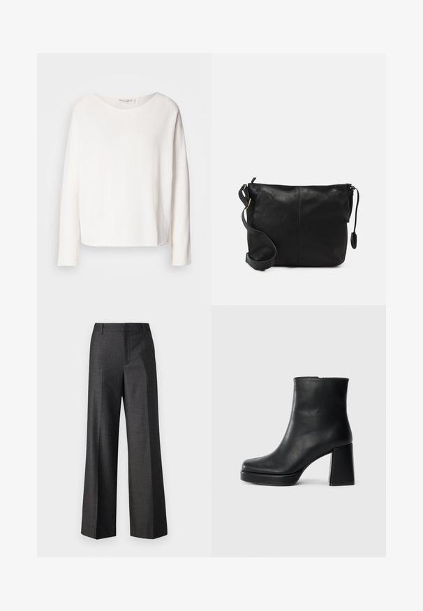 Maglietta a maniche lunghe, collo rotondo in morbido tessuto bianco leggero con una vestibilità comoda. Presenta un orlo pulito e nessun hardware visibile.; Copenhagen Muse TAILOR - Pantaloni - black medium grey; Stivale alla caviglia in pelle nera con tacco a blocco e suola platform, visto di lato su uno sfondo bianco uniforme.; Borsa a tracolla in pelle nera con forma piatta, dettagli in metallo dorato e tracolla regolabile. Texture liscia con dettagli di cucitura minimi.