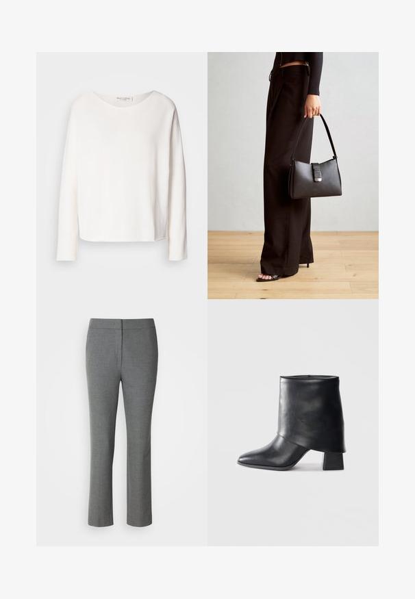 Hosszú ujjú, kerek nyakú felső puha, könnyű fehér anyagból, laza szabással. Tiszta szegéllyel és látható fémrész nélkül készült.; Szürke szabott nadrág sima textúrával, egyenes lábformával és letisztult derékkal. Nincs látható kiegészítő fém vagy minta.; Fekete bőr bokacsizma, hegyes orral, sima felülettel és strukturált blokk sarokkal. Magas, hajtott szegéllyel rendelkezik.; Fekete kézi táska strukturált formával, sima textúrával és fémből készült záródással. Széles fekete nadrággal és nyitott orrú szandállal párosítva, fából készült padlón.