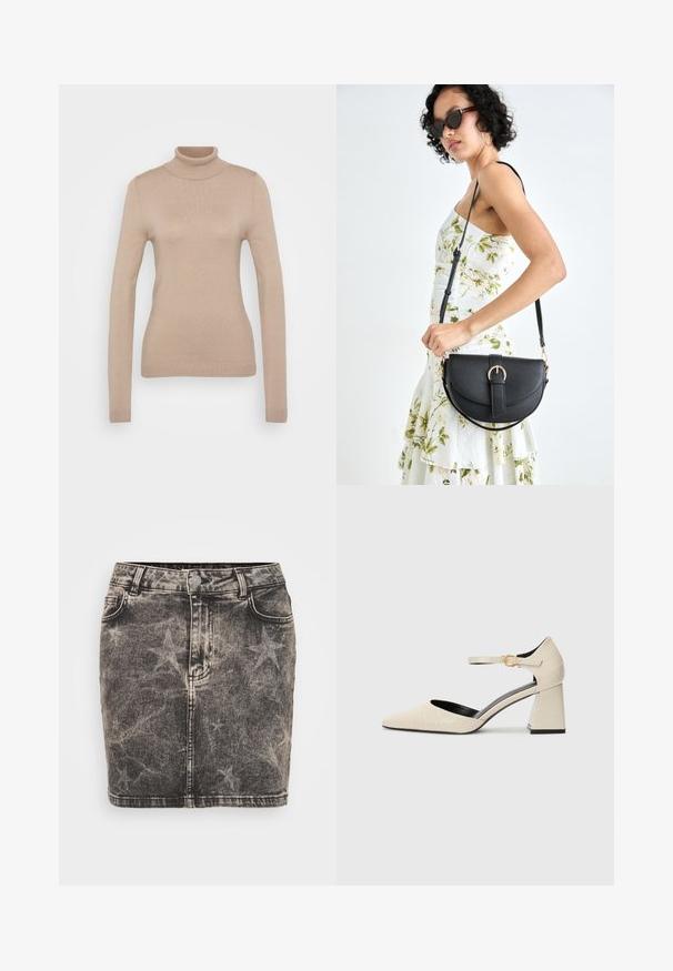 Beige rolák vyrobený z měkké pleteniny. Má dlouhé rukávy, přiléhavý střih a žebrovaný výstřih a lem.; Džínová mini sukně v černé barvě s vybledlým vzorem hvězd. Má vysoký pas, pět kapes a kontrastní švy. Klasické zapínání na knoflík.; Béžové boty na bloku z ekologické kůže s špičatou špičkou, kotníkovým páskem a jemným krokodýlím vzorem. Černé vnitřní podšívka.; Černá kožená kabelka s křivkovým tvarem, odnímatelným popruhem a zlatými detaily. Kabelka má klopu s přezkou.