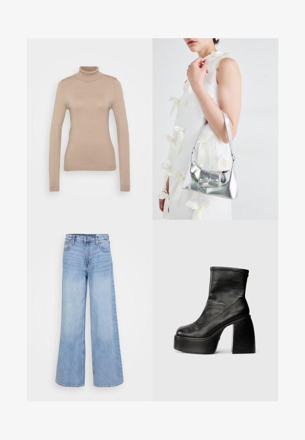 Beige turtleneck sweater made of soft knit fabric. Features long sleeves, fitted design, and a ribbed neckline and hem.; Light blue wide-leg jeans made of denim, featuring a high waist, front pockets, and a button closure with copper hardware accents.; Black leather ankle boots with a rounded toe, smooth texture, and a prominent block heel. Features a side zipper. Minimalist design.; Silver metallic handbag with a structured shape, featuring a top handle and bow detail on the front. Smooth texture, reflective finish.