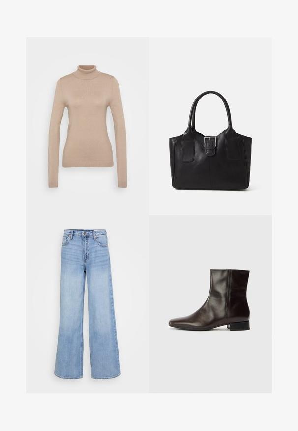 Beige turtleneck sweater made of soft knit fabric. Features long sleeves, fitted design, and a ribbed neckline and hem.; Light blue wide-leg jeans made of denim, featuring a high waist, front pockets, and a button closure with copper hardware accents.; Brown leather ankle boot with a pointed toe, smooth texture, mid-heel, and simple design. Minimalist style with no embellishments.; Black leather tote bag with smooth texture, structured shape, two handles, and a prominent silver buckle detail on the front.