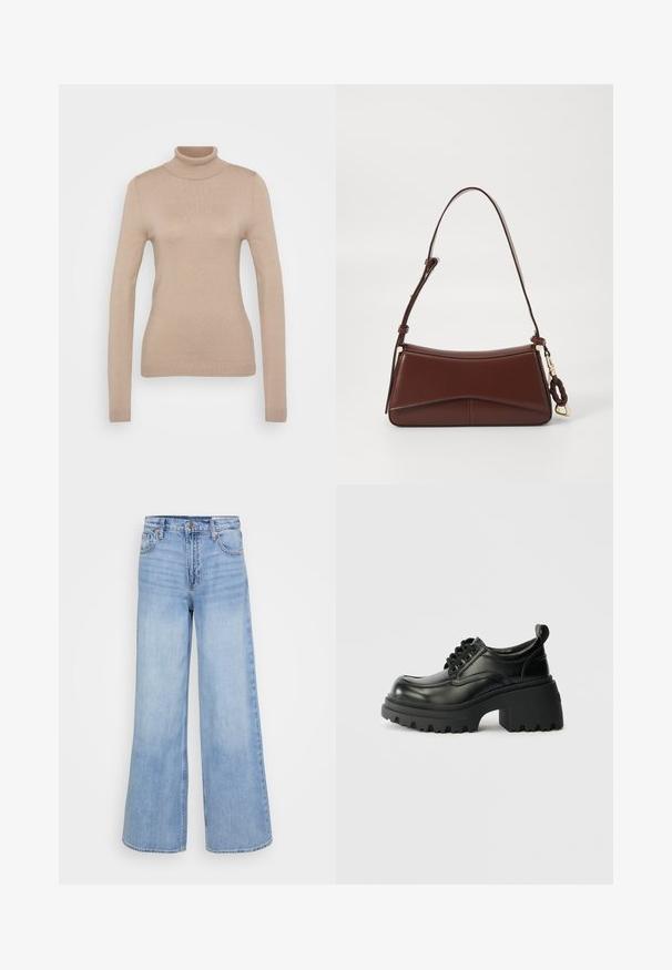 Beige turtleneck sweater made of soft knit fabric. Features long sleeves, fitted design, and a ribbed neckline and hem.; Light blue wide-leg jeans made of denim, featuring a high waist, front pockets, and a button closure with copper hardware accents.; Black leather lace-up shoes with a rounded toe, chunky textured sole, and a thick heel. Features a pull tab at the back for easy wear.; Brown leather handbag with a curved silhouette, single strap, and gold hardware. Features a braided accent and a smooth, matte texture.