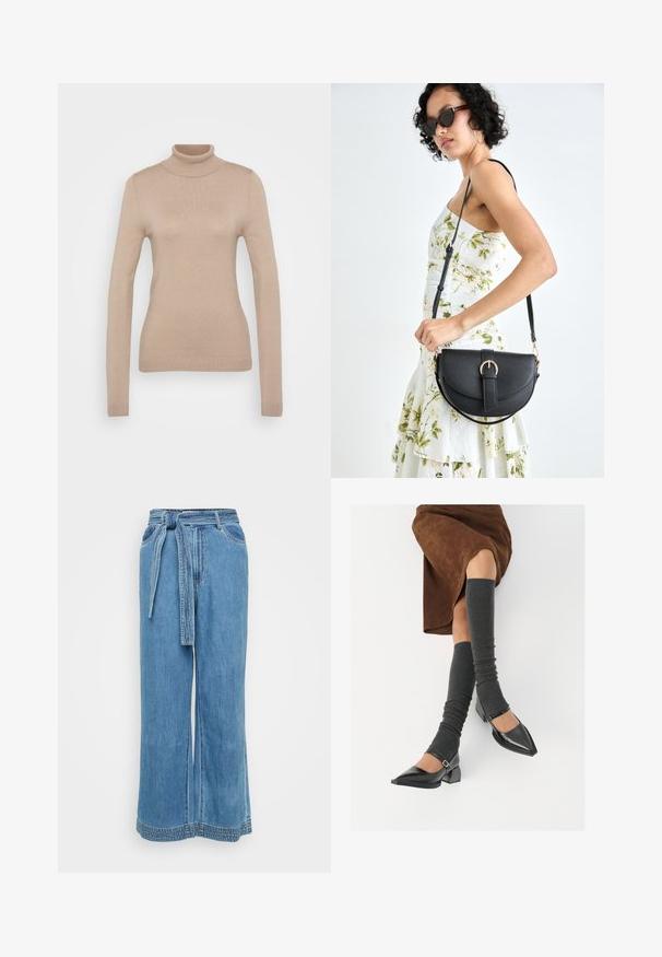 Bežs augstais kakls džemperis, kas izgatavots no mīkstas dzijas. Tam ir garas piedurknes, pieguļoša piegriezuma un ribota apkakle un apakšmala.; Gai ziliņkrāsas platās denima bikses ar auduma jostu, ar augstu vidukli, priekšējiem kabatām un smalkiem šuvju elementiem pie apakšmalas.; Melnas laka ādas apavi ar norādītu purngalu, blokveida papēdi un potīšu jostu, saskaņoti ar pelēkām ribotām kāju sildītājām un brūnu zamšādas svārku.; Melnas ādas rokassoma ar izliekta formu, noņemamu siksnu un zelta aksesuāriem. Somai ir vāciņš ar sprādzes detaļu.