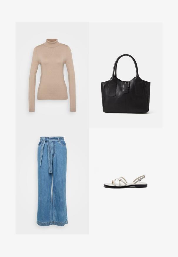 Kreminis megztinis su aukšta apykakle, pagamintas iš minkštos megztos medžiagos. Yra ilgos rankovės, prigludusi forma ir raukšlėta apykaklė bei apačia.; Šviesiai mėlynos plačios džinsinės kelnės su audinio diržu, aukštu liemeniu, priekinėmis kišenėmis ir subtiliomis siuvimo detalėmis palei apatinę dalį.; Lytos sandalai su plonomis metalinėmis dirželiais, šviesiai kūno spalvos viršumi ir juodu padu. Reguliuojamas sagties detalė ant kulkšnies dirželio.; Juodas odinis nešiojamas krepšys su lygiu paviršiumi, struktūrine forma, dviem rankenėlėmis ir ryškiu sidabriniu sagties akcentu priekyje.