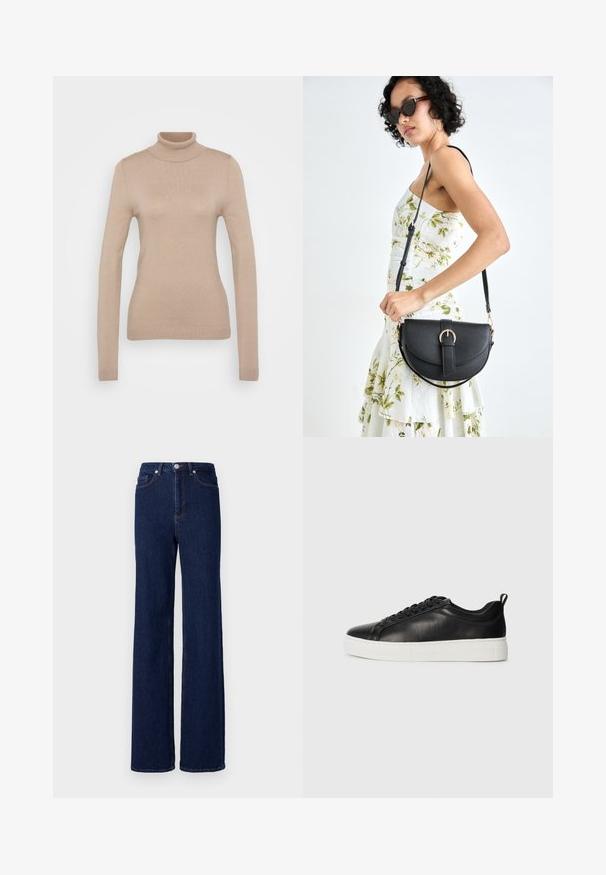 Sweater de gola alta bege feito de um tecido de malha suave. Apresenta mangas longas, design ajustado e um decote e bainha canelados.; Calças de ganga de denim azul-escuro com cintura alta, corte largo e design clássico de cinco bolsos. Acabadas com costura contrastante e um botão metálico.; Sapatilha de couro preta de cano baixo com atacadores pretos e sola de borracha branca grossa, vista do lado externo sobre um fundo branco.; Bolsa de couro preta com forma curva, alça destacável e detalhes em dourado. A bolsa possui uma aba com detalhe de fivela.