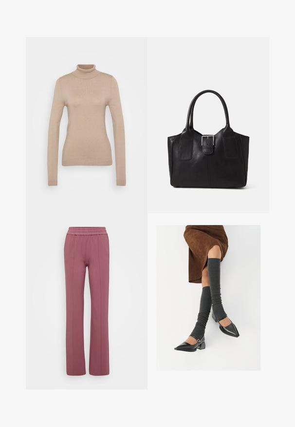 Beige turtleneck sweater made of soft knit fabric. Features long sleeves, fitted design, and a ribbed neckline and hem.; Light mauve straight-leg pants with an elastic waistband. Made from soft material, featuring vertical seams for a tailored look.; Black patent leather pointed-toe shoes with a block heel and ankle strap, paired with gray ribbed leg warmers and a brown suede skirt.; Black leather tote bag with smooth texture, structured shape, two handles, and a prominent silver buckle detail on the front.