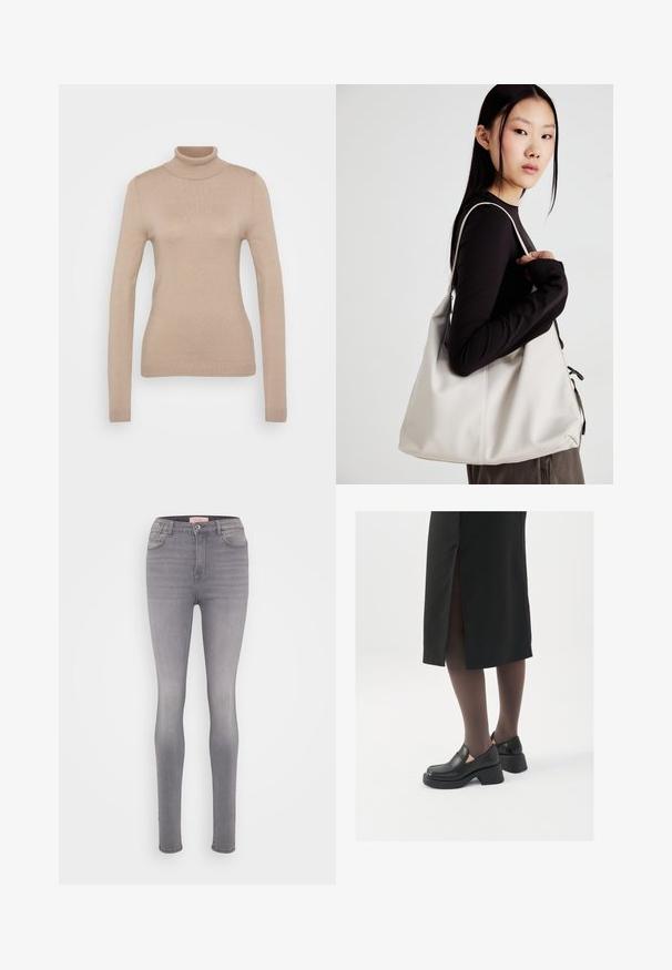 Sweater de gola alta bege feito de um tecido de malha suave. Apresenta mangas longas, design ajustado e um decote e bainha canelados.; Calças skinny de cintura alta em denim cinza claro, com uma textura suave, cinco bolsos e detalhes de costura discretos.; Sapatos de couro pretos com bico arredondado, salto bloco grosso e detalhes elásticos laterais, combinados com meias escuras e uma saia preta com uma abertura.; Uma bolsa bege feita de material macio, com um design descontraído, detalhes de costura e duas alças para o ombro. Adequada para uso diário.