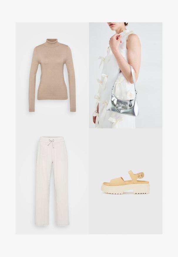 Pulover bej cu guler înalt, realizat dintr-o țesătură tricotată moale. Are mâneci lungi, un design ajustat și un guler și tiv cu nervuri.; Pantaloni din in bej deschis, cu un design cu picioare largi, o talie elastică și un detaliu de legare în față. Materialul texturat adaugă un interes vizual.; Sandal galben din piele ecologică cu un toc platform alb gros. Dispune de două curele late și o curea ajustabilă pentru gleznă cu o cataramă metalică.; Geantă metalică argintie cu o formă structurată, având un mâner superior și un detaliu sub formă de fundă pe față. Textură netedă, finisaj reflexiv.