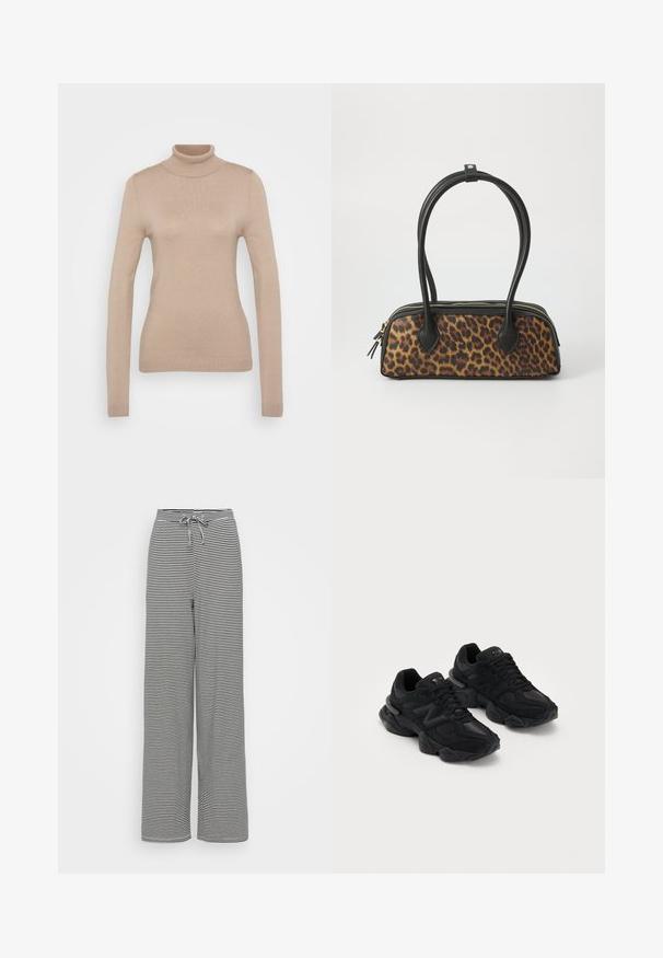 Beige rolák vyrobený z měkké pleteniny. Má dlouhé rukávy, přiléhavý střih a žebrovaný výstřih a lem.; Pánské kalhoty s širokými nohavicemi v černobílém pruhovaném vzoru se stahovacími pasem. Měkká tkanina, volný střih a vertikální pruhy.; Černé sportovní boty s texturovaným svrškem, které mají výrazné logo "N", pohodlnou podrážku a štíhlý, moderní siluet.; Kabelka s leopardím vzorem má černý základ z umělé kůže, dvojité horní uši, zlatý zip a akcenty z černé umělé kůže. Obdélníkový tvar.