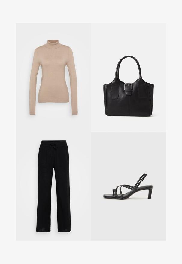 Beige Rollkragenpullover aus weichem Strickstoff. Mit langen Ärmeln, figurbetontem Design sowie einem gerippten Kragen und Saum.; Schwarze Leinen-Haremshose mit elastischem Bund und Kordelzug. Glatte Textur, atmungsaktives Material und bodenlanger Schnitt.; Schwarze Sandale mit Riemchen, quadratischer Zehenform und niedrigem Blockabsatz. Verfügt über mehrere dünne Riemen und einen verstellbaren Knöchelriemen. Hergestellt aus glattem Leder.; Schwarze Leder-Tote mit glatter Textur, strukturiertem Design, zwei Griffen und einem auffälligen silbernen Schnallen-Detail auf der Vorderseite.