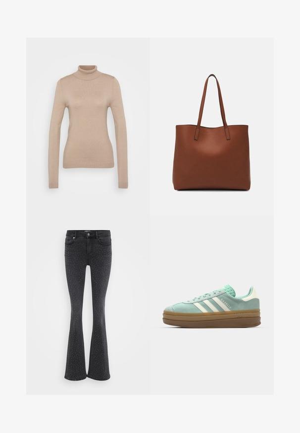 Μπεζ ζιβάγκο φανέλα φτιαγμένη από μαλακό πλεκτό ύφασμα. Διαθέτει μακριά μανίκια, εφαρμοστή γραμμή και παρενθετωμένο λαιμό και γωνίες.; Μαύρα καμπάνα τζιν φτιαγμένα από τζιν, με μεταλλικές διακοσμήσεις με μυτερά καρφιά σε όλη την επιφάνεια. Πέντε τσέπες και μπροστινός κλείσιμο με κουμπί.; adidas Originals GAZELLE BOLD - Αθλητικά παπούτσια - ash green/off white; Καφέ δερμάτινη τσάντα tote με λεία υφή, ανοιχτό σχέδιο και δύο λουριά ώμου. Διαθέτει ελάχιστη ραφή και χωρίς ορατά μεταλλικά εξαρτήματα.
