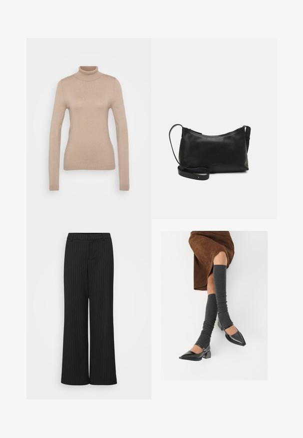 Sweater de gola alta bege feito de um tecido de malha suave. Apresenta mangas longas, design ajustado e um decote e bainha canelados.; Calças largas pretas com riscas brancas, feitas de tecido liso, com uma cintura plana e um design sob medida para um ajuste estruturado.; Sapatos pretos de pele lacada com biqueira pontuda, salto bloco e tiras no tornozelo, combinados com caneleiras cinzas em malha e uma saia de camurça castanha.; Bolsa de ombro em pele preta com textura suave, forma curva, alça ajustável e fecho com zip. Design minimalista sem adornos.