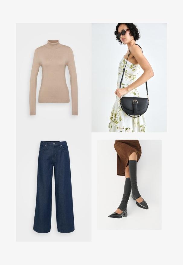 Beige garbónyakú pulóver puha kötött anyagból. Hosszú ujjakkal, testhezálló fazonnal, bordás nyakkivágással és szegéllyel rendelkezik.; Sötétkék farmer széles lábú nadrág. Magas derék, gombos záródás, öt zseb és kontrasztos varrási részletek. Simább textúra.; Fekete lakk bőrből készült, hegyes orrú cipők, tömbsarkúakkal és bokapánttal, szürke bordás lábszármelegítőkkel és barna velúr szoknyával párosítva.; Fekete bőrtáska ívelt formával, levehető pánttal és arany színű fémrészekkel. A táskán egy csattal díszített fedél található.