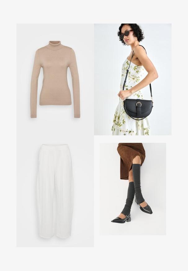 Beige rolák vyrobený z měkké pleteniny. Má dlouhé rukávy, přiléhavý střih a žebrovaný výstřih a lem.; Bílé, volné kalhoty s uvolněným střihem, vyrobené z texturované tkaniny. Mají elastický pas a rovný střih nohou.; Černé lakované boty s špičatou špičkou, blokovým podpatkem a kotníkovým páskem, spárované s šedými žebrovanými návleky na nohy a hnědskou sukní z semiše.; Černá kožená kabelka s křivkovým tvarem, odnímatelným popruhem a zlatými detaily. Kabelka má klopu s přezkou.