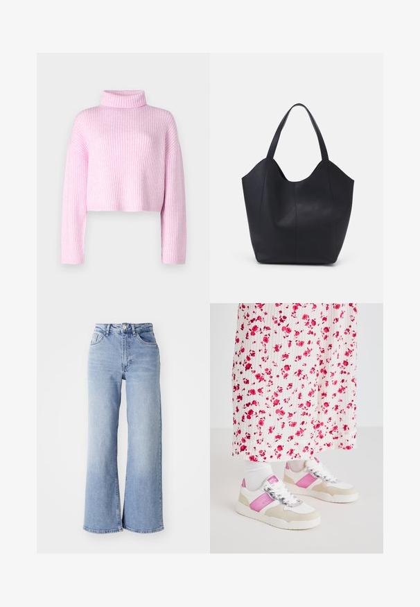 Rosa geripptes Sweatshirt mit hohem Kragen, verkürztem Schnitt und langen Ärmeln. Der strukturierte Stoff weist dezente vertikale Streifen auf.; Himmelblaue hochtaillierte Schlagjeans mit vorderen und hinteren Taschen, Knopfverschluss und dezentem Verblassen an den Oberschenkeln und Säumen.; Weiße und rosa Sneaker mit einem Akzent aus grauem Wildleder, ausgestattet mit einer glänzenden Schnürung und einem rosa Seitenpanel, kombiniert mit einem langen, plissierten Rock mit floralem Muster.; Schwarze Tote-Bag aus glattem Leder, mit einem abgerundeten, offenen Oberteil, zwei Schulterträgern und einem minimalistischen Design.