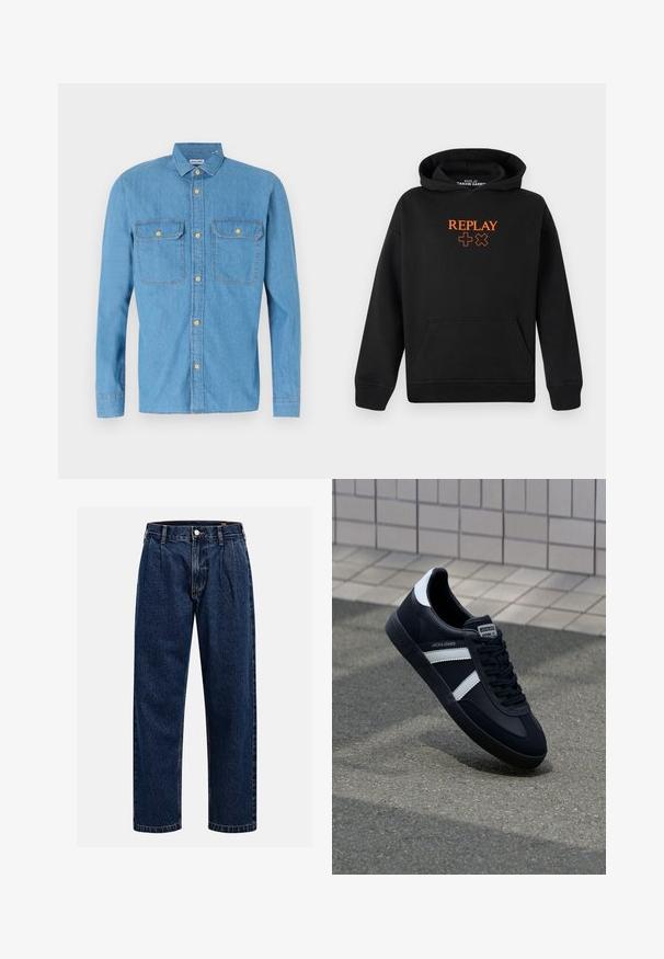 Musta huppari, joka on valmistettu puuvillasekoitteesta ja jossa on kengurupocket. Etupuolella on oranssi "REPLAY"-logo ja plusmerkkejä.; Vaaleansininen farkkupaita, jossa on pitkät hihat, napitus edessä, kaksi rintataskua, terävä kaulus ja kultaiset napit. Sujuva pinta, rento muotoilu.; Musta puuvillapaita lyhyillä hihoilla, pyöreä kaula-aukko, johon on keskittynyt punainen "REPLAY"-logo ja symboleita rinnassa.; Tummansininen farkkushortsit suoralla lahkeella. Ominaisuuksiin kuuluvat näkyvät saumat, napitus ja etulaskokset lisäyksinä.; Mustat nahkakengät valkoisilla raidoilla, teksturoitu kumipohja ja nauha edessä. Varustettu merkkitarralla kielen päällä.