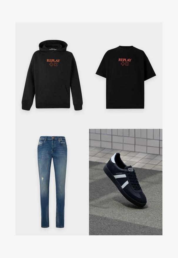 Sudadera negra hecha de mezcla de algodón con un bolsillo tipo canguro. Presenta un logo naranja "REPLAY" y signos de más en la parte delantera.; Camiseta de algodón negra con mangas cortas, cuello redondo, que presenta un logo rojo de "REPLAY" y símbolos alineados centralmente en el pecho.; Jeans de corte ajustado en azul, fabricados en denim, con un lavado deslavado, un ligero desgaste en el muslo y un clásico diseño de cinco bolsillos.; Zapatilla de cuero negra con rayas blancas, suela de goma texturizada y parte frontal con cordones. Cuenta con una etiqueta de marca en la lengüeta.