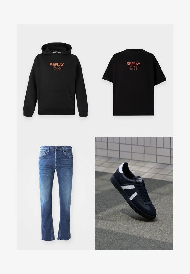 Mustast puuvillasegust kapuutsiga sviiter, millel on känguru-tasku. Ees on oranz "REPLAY" logo ja plussmärkide mustrid.; Must have lühikeste varrukatega must puuvillane T-särk, ümar kaelus, millel on keskelt rinnal punane "REPLAY" logo ja sümbolid.; Tumed sinised teksad sirge sääre disainiga, viie taskuga, pruuni nuppe sulgemisega ja kergelt pleekinud piirkondadega reite juures.; Must have musta sneaker musta valgete triipudega, tekstuurne kummitald ja nööridega esiosa. Omab bränditud märki keele peal.