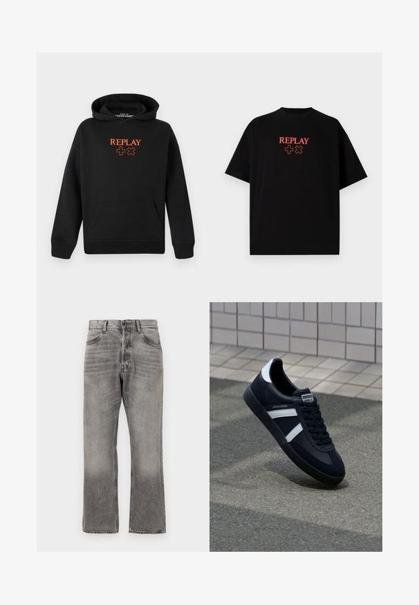 Mustast puuvillasegust kapuutsiga sviiter, millel on känguru-tasku. Ees on oranz "REPLAY" logo ja plussmärkide mustrid.; Must have lühikeste varrukatega must puuvillane T-särk, ümar kaelus, millel on keskelt rinnal punane "REPLAY" logo ja sümbolid.; Hallide denimi pükse, millel on veidi pleekinud viimistlus, sirge jala disain, tavaline viie tasku stiil ja klassikaline tõmbluku sulgemine.; Must have musta sneaker musta valgete triipudega, tekstuurne kummitald ja nööridega esiosa. Omab bränditud märki keele peal.
