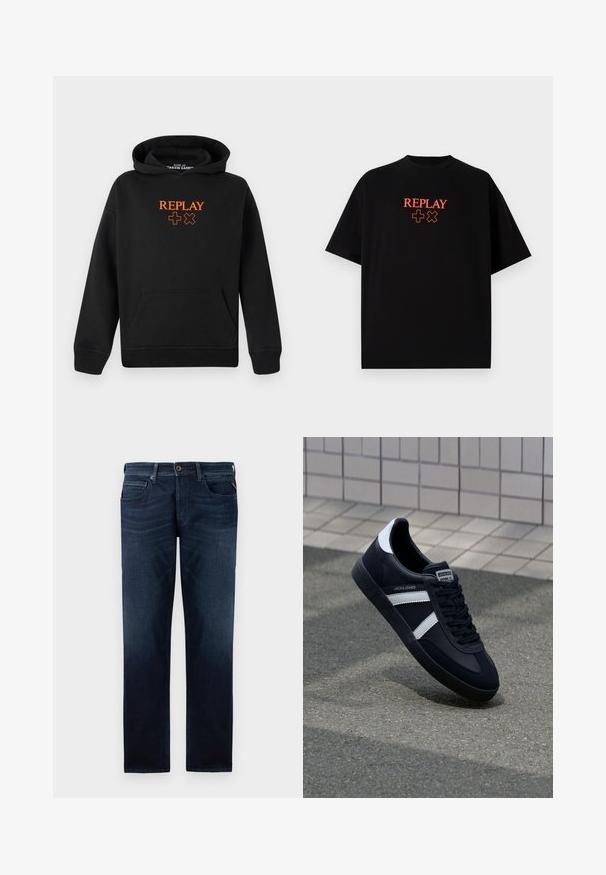 Juoda gobtuvė pagaminta iš medvilnės mišinio su kengūros kišene. Priekis puošia oranžinė "REPLAY" logotipas ir pliuso ženklai.; Juodas medvilninis marškinėlis trumpomis rankovėmis, apvaliu kaklu, su raudonu „REPLAY“ logotipu ir simboliais, išdėstytais centrinėje krūtinės dalyje.; Tamsiai mėlynos džinsinės kelnės su tiesiu sijonu, penkių kišenių dizainu ir matoma mygtukų uždarymo sistema juosmenyje. Lygi tekstūra.; Juodas odinis sportinis batelis su baltais dryžiais, tekstūruota gumine padais ir raišteliais priekyje. Yra prekės ženklą žymintis etiketė ant liežuvio.