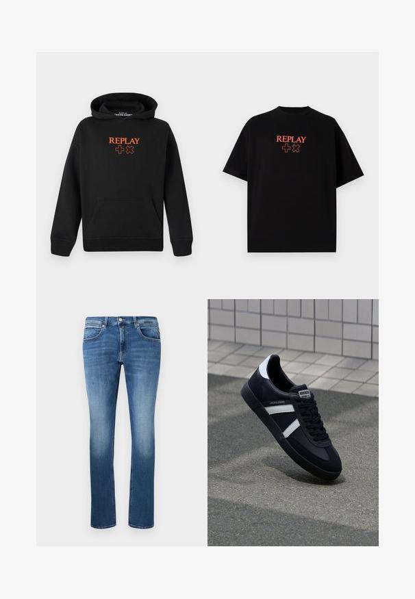 Čierna mikina s kapucňou vyrobená z bavlnenej zmesi s kangaroo vreckom. Na prednej strane má oranžové logo "REPLAY" a znaky plus.; Čierne bavlnené tričko s krátkym rukávom, okrúhlym výstrihom, s červeným logom "REPLAY" a symbolmi zarovnanými centrálne na hrudi.; Modré denimové džínsy s rovný strihom, so svetlým vyblednutím, piatimi vreckami a zapínaním na gombík a zips. Šité detaily pozdĺž švov.; Čierne kožené tenisky s bielymi pruhmi, textúrovanou gumovou podrážkou a šnurovaním vpredu. Obsahujú označenie značky na jazyku.