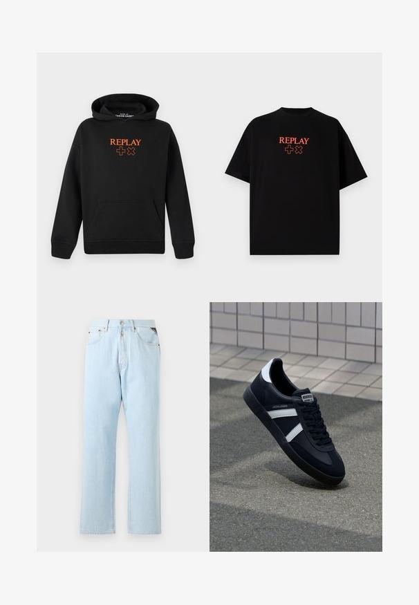 Juoda gobtuvė pagaminta iš medvilnės mišinio su kengūros kišene. Priekis puošia oranžinė "REPLAY" logotipas ir pliuso ženklai.; Juodas medvilninis marškinėlis trumpomis rankovėmis, apvaliu kaklu, su raudonu „REPLAY“ logotipu ir simboliais, išdėstytais centrinėje krūtinės dalyje.; Šviesiai mėlyni džinsai su tiesiomis kojomis. Turi mygtuką ir užtrauktuką, penkias kišenes bei kontrastingą siuvinėjimą.; Juodas odinis sportinis batelis su baltais dryžiais, tekstūruota gumine padais ir raišteliais priekyje. Yra prekės ženklą žymintis etiketė ant liežuvio.