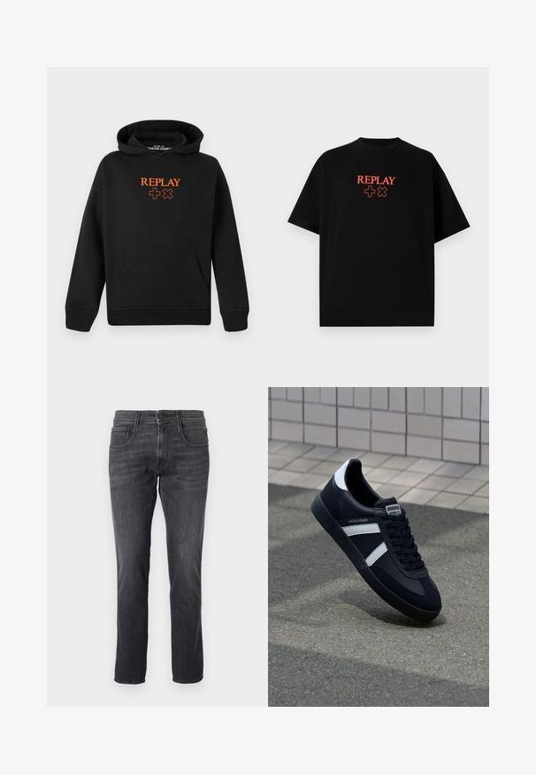 Black hoodie made from cotton blend with a kangaroo pocket. Features orange "REPLAY" logo and plus signs on the front.; Black cotton t-shirt with short sleeves, round neck, featuring a red "REPLAY" logo and symbols aligned centrally on the chest.; Dark gray jeans made from denim, featuring a classic five-pocket design, straight cut, and metal button closure at the waist.; Black leather sneaker with white stripes, textured rubber sole, and lace-up front. Features a branded label on the tongue.