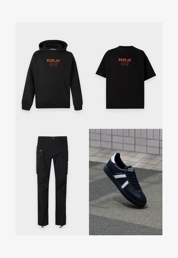 Mustast puuvillasegust kapuutsiga sviiter, millel on känguru-tasku. Ees on oranz "REPLAY" logo ja plussmärkide mustrid.; Must have lühikeste varrukatega must puuvillane T-särk, ümar kaelus, millel on keskelt rinnal punane "REPLAY" logo ja sümbolid.; Mustad mustad püksid, mis on valmistatud vastupidavast kangast, mitmete taskute, lukuga detailide ja reguleeritava servaga, et tagada kindel istuvus.; Must have musta sneaker musta valgete triipudega, tekstuurne kummitald ja nööridega esiosa. Omab bränditud märki keele peal.