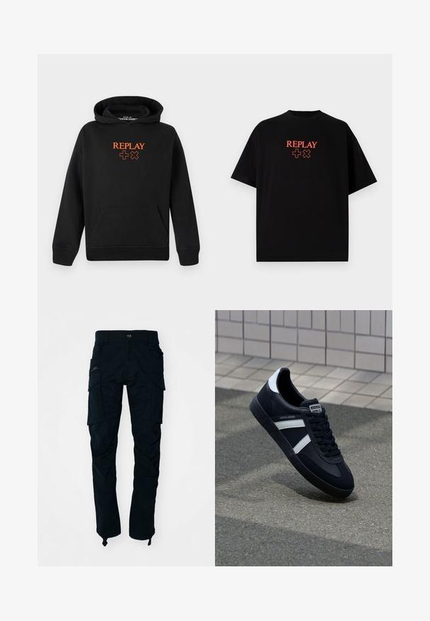 Fekete kapucnis pulóver pamut keverékből készült, kenguruzsebbel. Elöl narancssárga "REPLAY" logó és pluszjelekkel díszítve.; Fekete pamut póló rövid ujjakkal, kerek nyakkal, középre helyezett piros "REPLAY" logóval és szimbólumokkal a mellkason.; Fekete tehernadrág pamutból, több oldalzsebbel, cipzáras zsebbel és egyenes lábvarrással, állítható bokahevederekkel.; Fekete bőr sportcipő fehér csíkokkal, textúrált gumitalppal és fűzős elejével. A nyelvén márkás címke található.