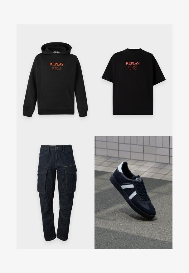 Črna kapuca iz mešanice bombaža z žepom za kenguru. Ima oranžni logotip "REPLAY" in plus znake na sprednji strani.; Črn bombažni T-majica s kratkimi rokavi, okroglo ovratnikom, ki ima rdeč logotip "REPLAY" in simbole, centrirane na prsih.; Temno modri denim hlače s cargo designom, ki vsebujejo več žepov, žep z zadrgo in ravno krojena nogavica. Trdna tkanina z vidnimi šivi.; Črne usnjene superge z belimi črtami, teksturiran gumijast podplat in zavezovanje spredaj. Imajo označeno oznako na ježku.