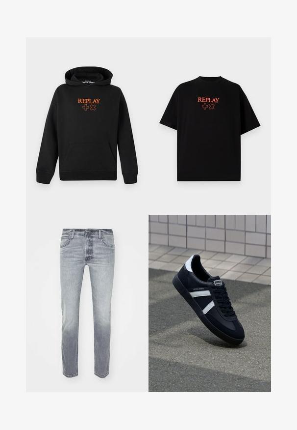 Mustast puuvillasegust kapuutsiga sviiter, millel on känguru-tasku. Ees on oranz "REPLAY" logo ja plussmärkide mustrid.; Must have lühikeste varrukatega must puuvillane T-särk, ümar kaelus, millel on keskelt rinnal punane "REPLAY" logo ja sümbolid.; Hallide denim püksid kergelt pleekimisega, viiega taskuga disain, lukuga ees ja sirge jala lõikega. Sile tekstuur ja minimaalne õmbluse detail.; Must have musta sneaker musta valgete triipudega, tekstuurne kummitald ja nööridega esiosa. Omab bränditud märki keele peal.
