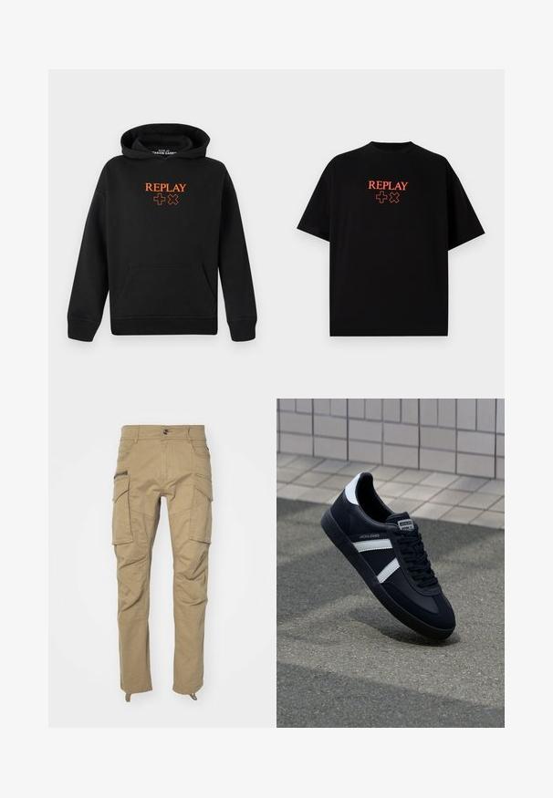 Sort hættetrøje lavet af bomuldsblanding med kengurulomme. Har orange "REPLAY" logo og plus-tegn på fronten.; Sort bomulds t-shirt med korte ærmer, rund hals, med et rødt "REPLAY" logo og symboler centreret på brystet.; Khaki cargo bukser med flere sidelommer, knapliv, tapered ben og blødt, holdbart stof. Forstærket syning overalt.; Sort lædersneaker med hvide striber, tekstureret gummisål og snørrebånd foran. Har et brandet mærke på tungen.