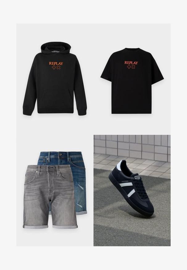Sudadera negra hecha de mezcla de algodón con un bolsillo tipo canguro. Presenta un logo naranja "REPLAY" y signos de más en la parte delantera.; Camiseta de algodón negra con mangas cortas, cuello redondo, que presenta un logo rojo de "REPLAY" y símbolos alineados centralmente en el pecho.; Pantalones cortos de mezclilla en azul oscuro y gris. Las características incluyen dobladillos enrollados, bolsillos y una textura desgastada en la pareja azul con detalles desgatados.; Zapatilla de cuero negra con rayas blancas, suela de goma texturizada y parte frontal con cordones. Cuenta con una etiqueta de marca en la lengüeta.