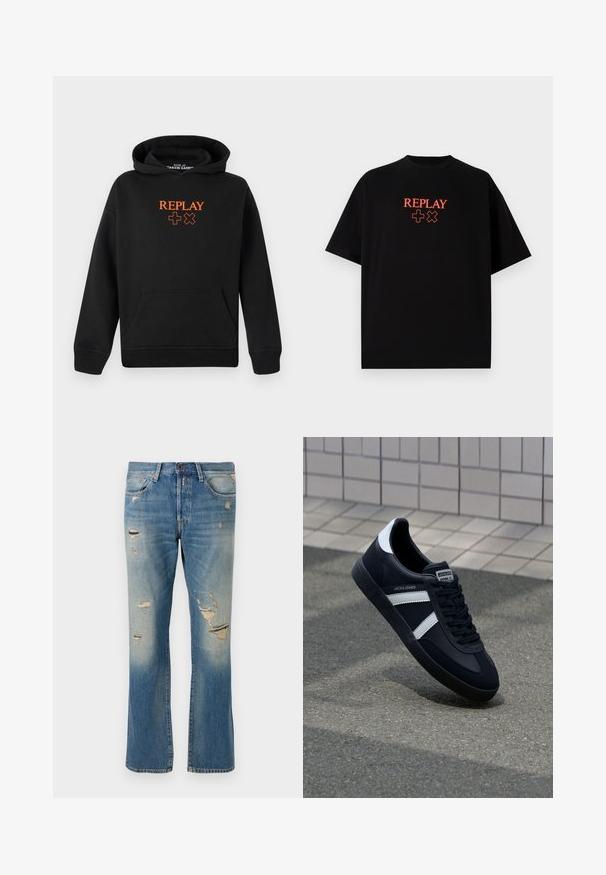 Sudadera negra hecha de mezcla de algodón con un bolsillo tipo canguro. Presenta un logo naranja "REPLAY" y signos de más en la parte delantera.; Camiseta de algodón negra con mangas cortas, cuello redondo, que presenta un logo rojo de "REPLAY" y símbolos alineados centralmente en el pecho.; Jeans de denim azul claro con un corte relajado, que presentan detalles desgastados y parches deshilachados, con diseño estándar de cinco bolsillos y cierre de botón.; Zapatilla de cuero negra con rayas blancas, suela de goma texturizada y parte frontal con cordones. Cuenta con una etiqueta de marca en la lengüeta.
