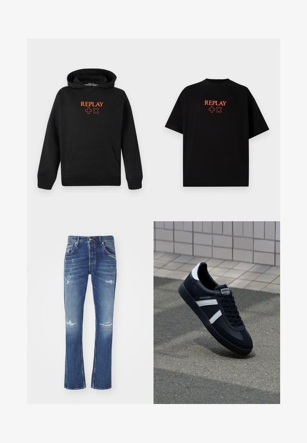 Svart hoodie gjord av en bomullsblandning med en känguruficka. Har orange "REPLAY"-logotyp och plustecken på framsidan.; Svart bomullströja med kort ärm, rund hals, med en röd "REPLAY"-logotyp och symboler centrerade på bröstet.; Blå denimjeans med rak bendesign, med slitna detaljer, ljus blekning och knappgylf. Röda accenter i fickorna.; Svart lädersneaker med vita ränder, texturerad gummisul, och snörning fram. Har en märkesskylt på tungan.