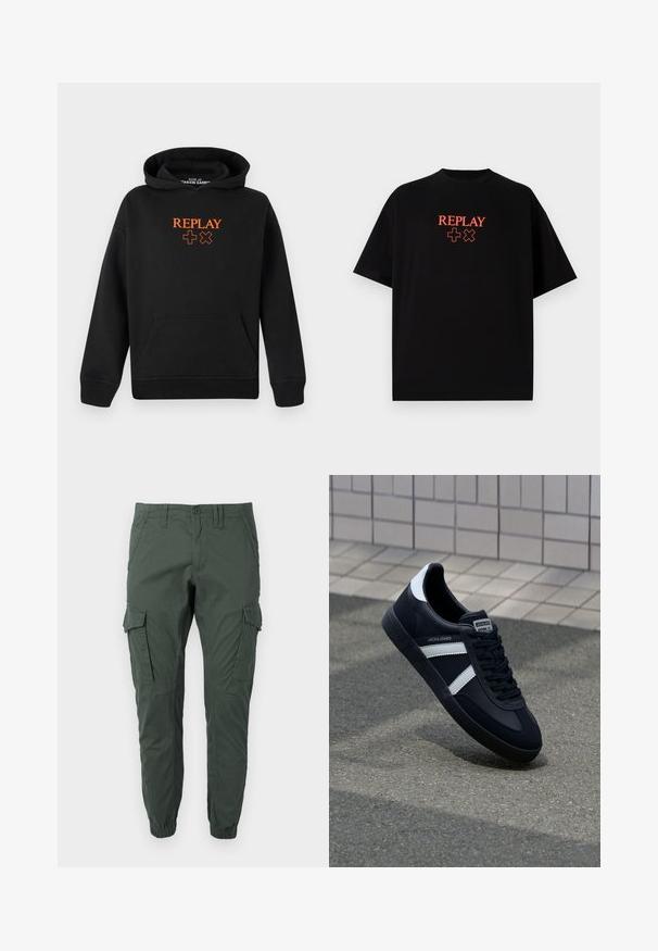 Musta huppari, joka on valmistettu puuvillasekoitteesta ja jossa on kengurupocket. Etupuolella on oranssi "REPLAY"-logo ja plusmerkkejä.; Musta puuvillapaita lyhyillä hihoilla, pyöreä kaula-aukko, johon on keskittynyt punainen "REPLAY"-logo ja symboleita rinnassa.; Jack & Jones JPSTPAUL FLAKE - Reisitaskuhousut - urban chic; Mustat nahkakengät valkoisilla raidoilla, teksturoitu kumipohja ja nauha edessä. Varustettu merkkitarralla kielen päällä.