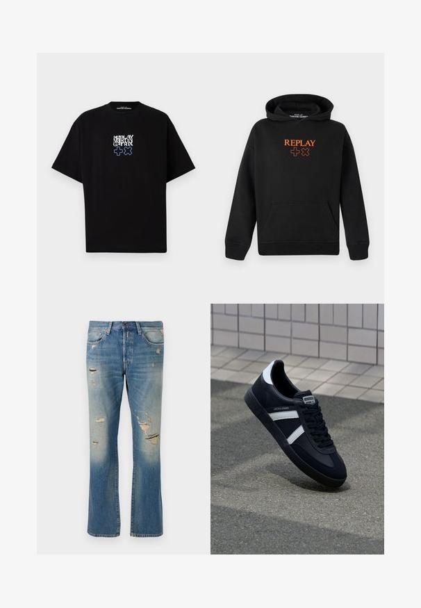 Black hoodie made from cotton blend with a kangaroo pocket. Features orange "REPLAY" logo and plus signs on the front.; Black t-shirt made of cotton with a loose fit. Features a graphic print in white and blue, displaying the text "REPLAY MARTIN GATRIX" and symbols.; Light blue denim jeans with a relaxed fit, featuring distressed details and frayed patches, with standard five-pocket design and button closure.; Black leather sneaker with white stripes, textured rubber sole, and lace-up front. Features a branded label on the tongue.