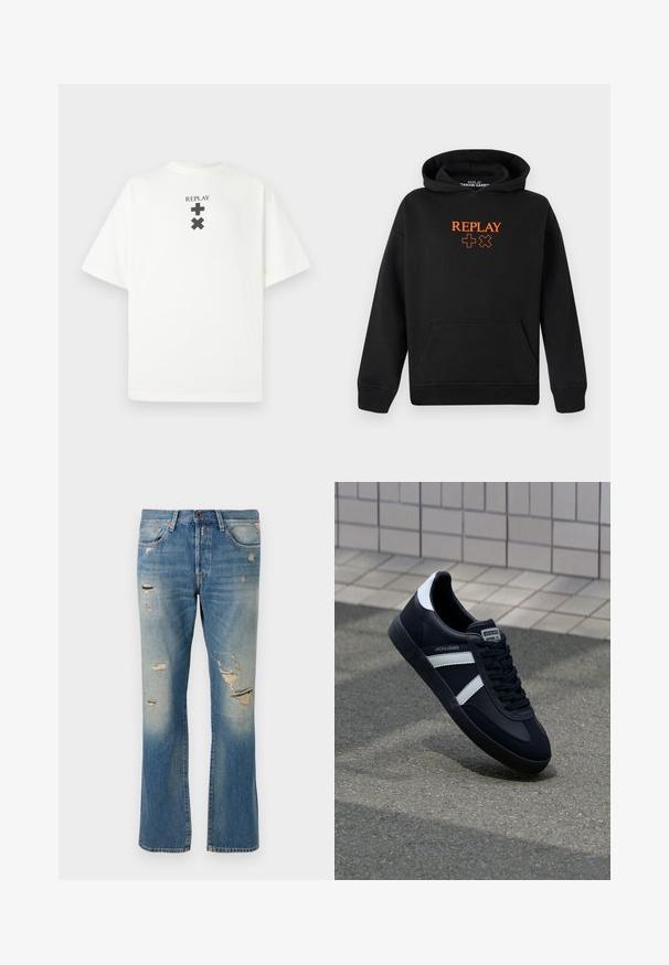 Sudadera negra hecha de mezcla de algodón con un bolsillo tipo canguro. Presenta un logo naranja "REPLAY" y signos de más en la parte delantera.; Camiseta de algodón blanca de manga corta, con un logo negro de "REPLAY" y símbolos gráficos centrados debajo del logo en la parte frontal.; Jeans de denim azul claro con un corte relajado, que presentan detalles desgastados y parches deshilachados, con diseño estándar de cinco bolsillos y cierre de botón.; Zapatilla de cuero negra con rayas blancas, suela de goma texturizada y parte frontal con cordones. Cuenta con una etiqueta de marca en la lengüeta.