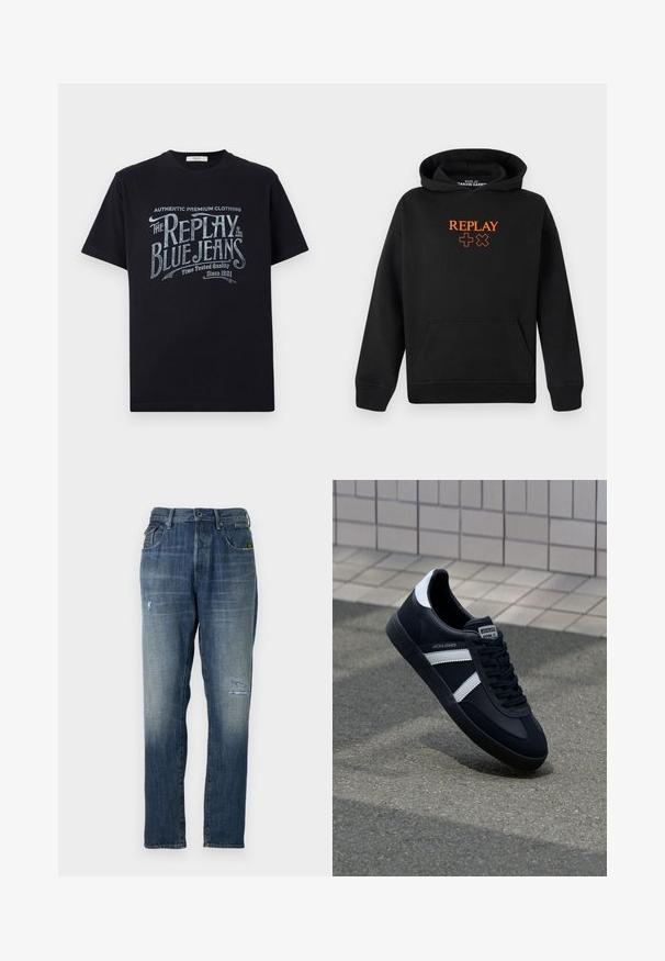 Melns kapuci, kas izgatavota no kokvilnas maisījuma, ar kangurū kabatu. Priekšpusē ir oranžs "REPLAY" logotips un plusa zīmes.; Melna kokvilnas T-krekls ar īsām piedurknēm un apaļu kakla izgriezumu, ar retro stila baltiem un gaiši ziliem grafiskajiem uzrakstiem priekšpusē.; Džinsi no denima ar izbalinātu zilu krāsu, taisnas kājas dizainu, mērenu nolietojumu priekšpusē un klasisku piecu kabatu stilu.; Melnā ādas sporta apavi ar baltām svītrām, teksturēta gumijas zole un auklu aizdare. Iekļauj zīmola etiķeti uz mēles.