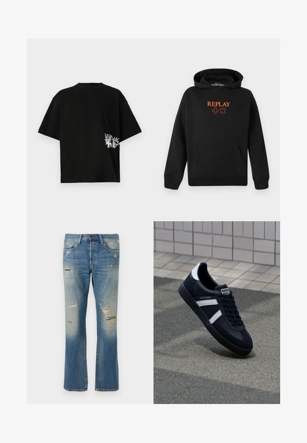 Mustast puuvillasegust kapuutsiga sviiter, millel on känguru-tasku. Ees on oranz "REPLAY" logo ja plussmärkide mustrid.; Must have särava must t-särk, mis on valmistatud puuvillast; vasakul, hem'i lähedal on valge teksti ja graafikaga trükk. Lühikesed varrukad ja ümar kaelus.; Heledad sinine denimpüksid lõdva istuvusega, millel on kulumise detailid ja frayed lappide omadused, tavalise viie tasku disainiga ja nööbiga kinnitamine.; Must have musta sneaker musta valgete triipudega, tekstuurne kummitald ja nööridega esiosa. Omab bränditud märki keele peal.